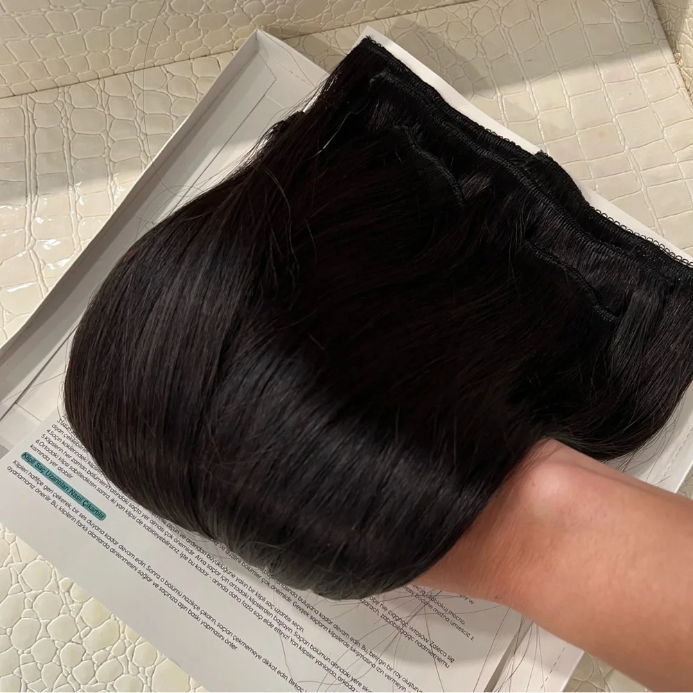 16” Nat‎ Black Clip in Human Hair Extensions Lace Weft Full Head 7pc 110g KL7